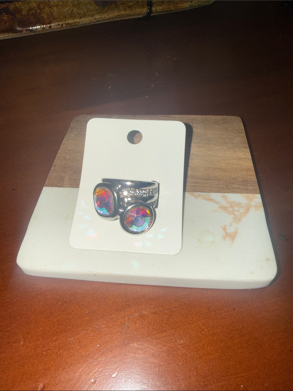 Silver Iridescent Double Gem Ring - Multicolor, Stretch Ring